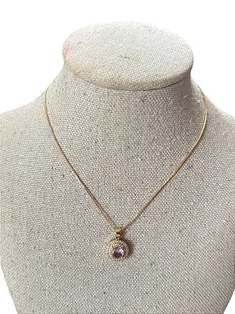 Colar Folheado Dourado Com Pedra Rosa- AK20