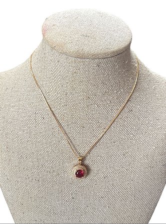 Colar Folheado Dourado Com Pedra Vermelha- AK20