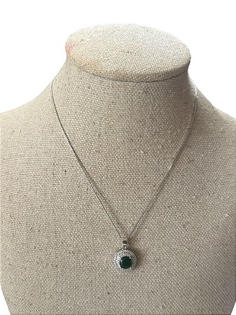 Colar Folheado  Prata Com Pedra Verde- AK20
