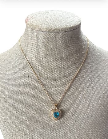 Colar Folheado  Dourado Com Pedra Azul- AK21
