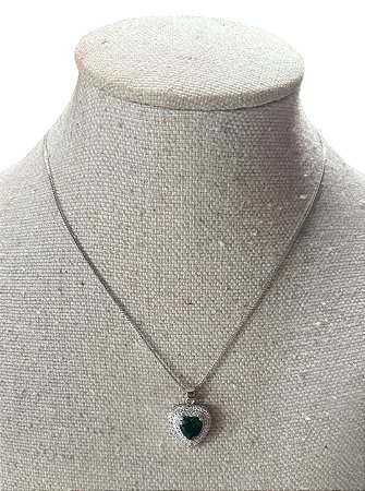 Colar Folheado  Prata Com Pedra Verde- AK21