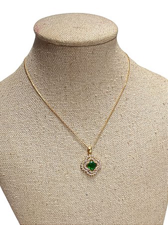 Colar Folheado - Dourado Com Pedra Verde|AK19