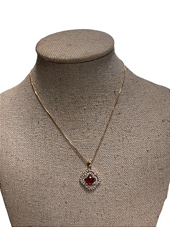 Colar Folheado | Dourado Pedra Vermelho- AK19
