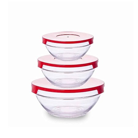 Kit 3 Potes De Vidro Com Tampa - Vermelho
