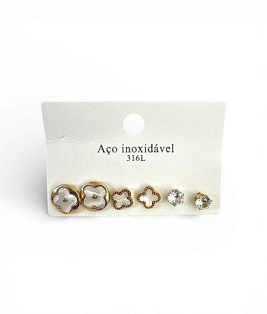 KIT DE BRINCOS DOURADO COM BRANCO - HJ1