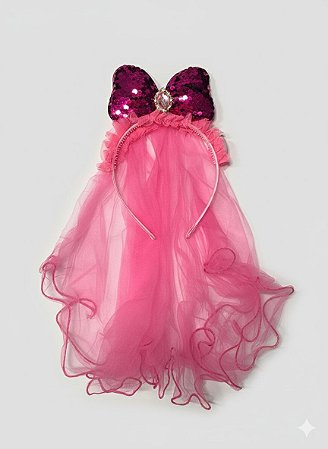 Diadema Laço e Tule - Rosa pink
