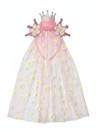 Diadema Coroa e Tule Margaridas - Rosa Bebê