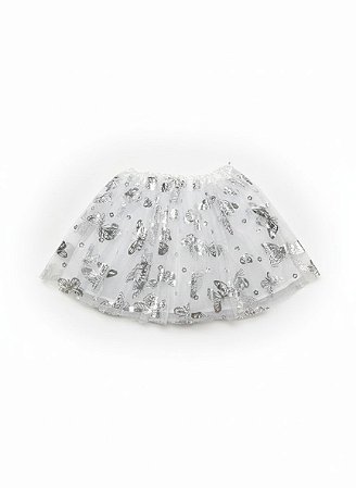 Saia de Tule Infantil - Branca | Borboletas Prata