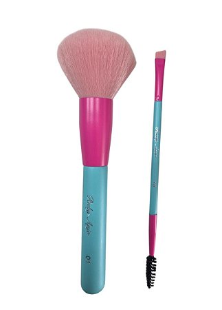 Kit de Pincéis | Pincel Para PÓ + Pincel Chanfrado com Escova - Ruby Anjo | Verde Água com Pink