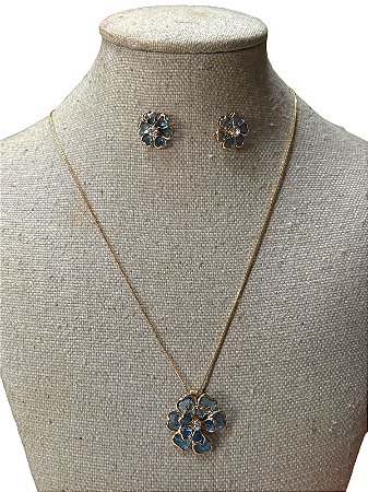 Kit Colar e Brinco - BR55 | Dourado + Azul