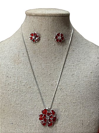 Kit Colar e Brinco - BR55 | Prata+ Vermelho