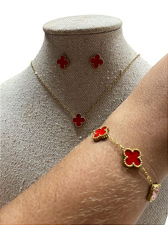 Kit | Colar+Brinco+Pulseira - BR71 | Dourado com Vermelho