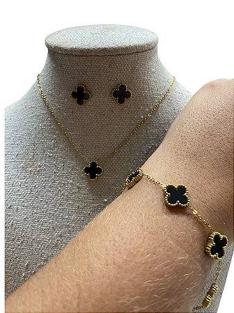 Kit | Colar+Brinco+Pulseira - BR71 | Dourado com Preto