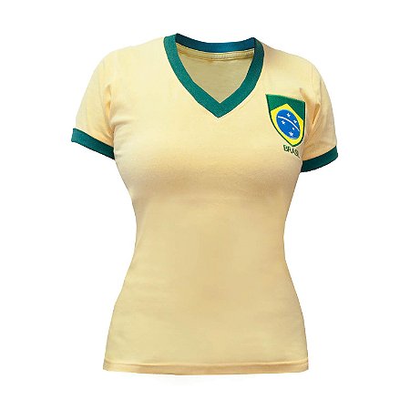 Camisa Retrô Feminina Brasil - Gola V Amarela