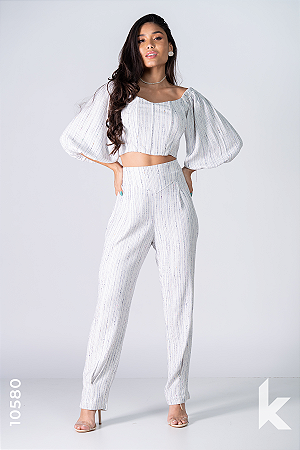 Conjunto calça e croped viscolinho listras tam M