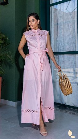 VESTIDO ROSA LONGUETE , RENDA GRIPIUR