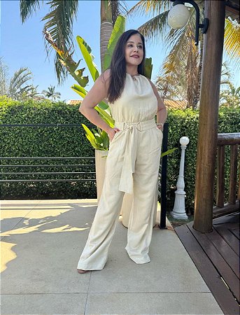 Macacão em linho amarelo manteiga G