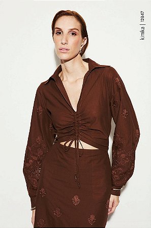 Vestido Algodão Marrom Bordado Lesie GG