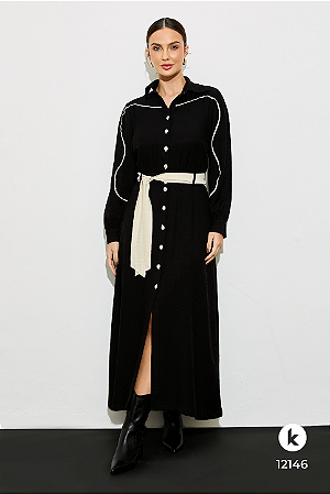 Vestido Preto Longo Fluido com Botões Frontal G