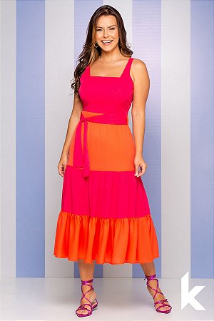 Vestido Midi color block laranja e pink Tam M