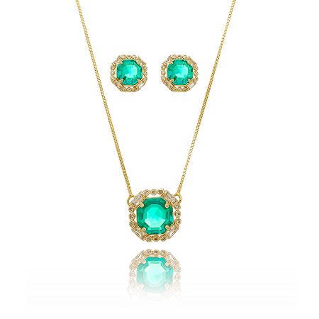 Conjunto brinco colar cravejado com mini zirconias e pedra verde banhado no ouro 18k