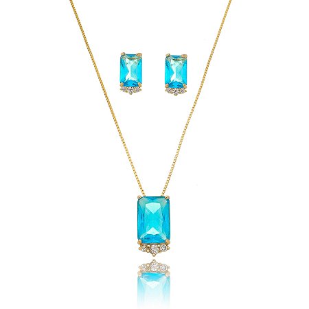 conjunto colar e brinco retangular três pedras azul turquesa banhado em ouro 18k