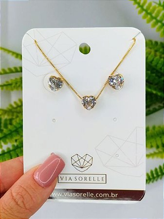 conjunto colar e brinco coração pedra cristal banhado em ouro 18k