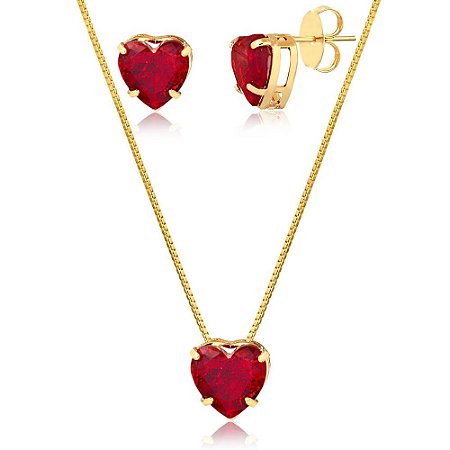 Conjunto colar e brinco coração vermelho médio banhado no ouro 18k