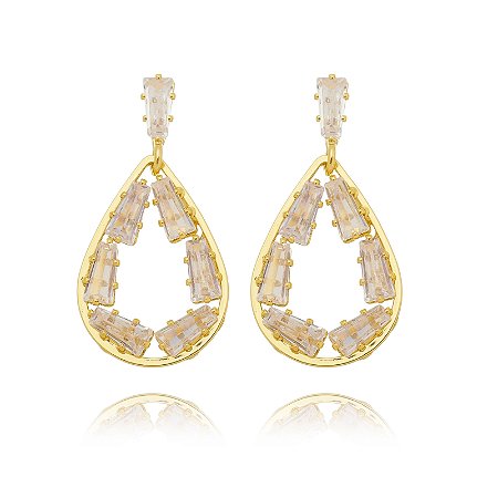 Brinco gota vazada pedras com naturais retangulares cristal banhado ouro 18k