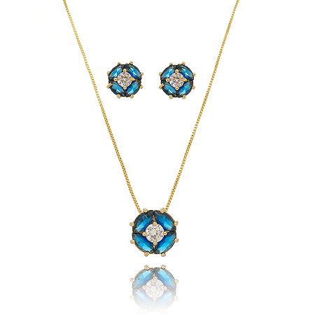 Conjunto colar e brinco de ponto de luz cristal e navetes azul marinho banhado em ouro 18k