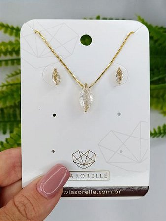 Conjunto colar e brinco ponto de luz navete cristal banhado em ouro 18k