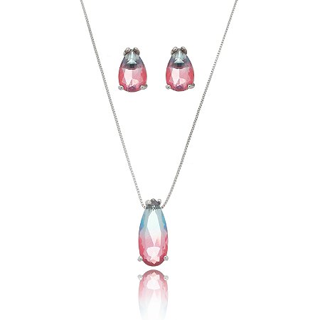 Conjunto colar e brinco gota bicolor azul rosa banhado em ródio branco