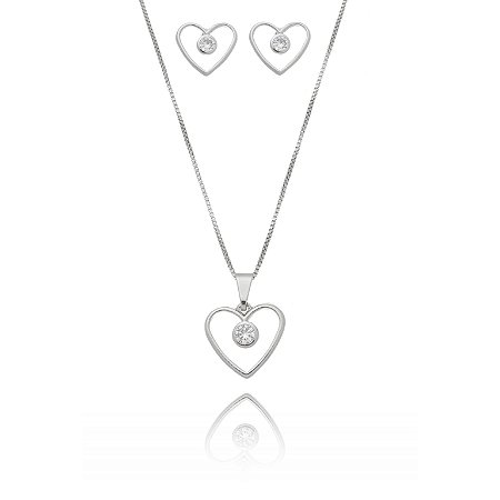 Conjunto colar e brinco liso vazado ponto de luz cristal banhado em ródio branco