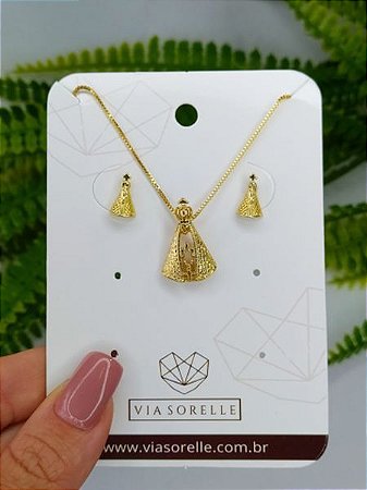 Conjunto colar e brinco Nossa Senhora vazado banhado em ouro 18k