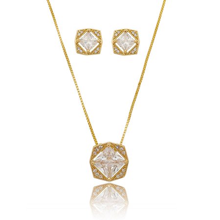Conjunto colar e brinco quadrado cravejado com mini zircônias banhado em ouro 18k