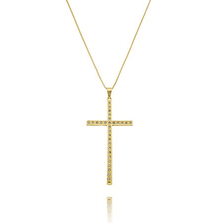 Colar cruz cravejado com mini zirconias banhado em ouro 18k