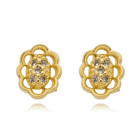 Brinco oval cravejado de cristais trabalhado banhado em ouro 18k