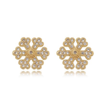Brinco flor trabalhado cravejado com cristais banhado ouro 18k