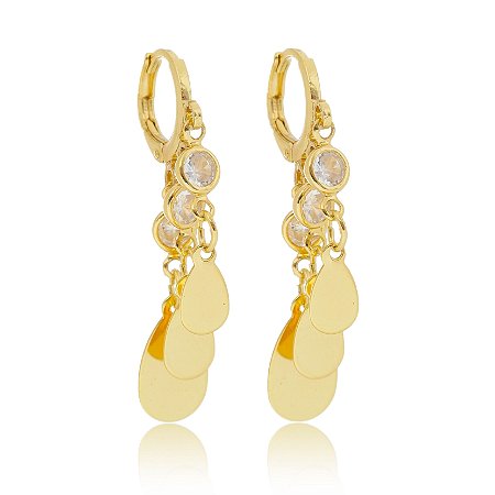 Brinco de argolinha pêndulos com três pingentes e pontos de luz banhado em ouro 18k