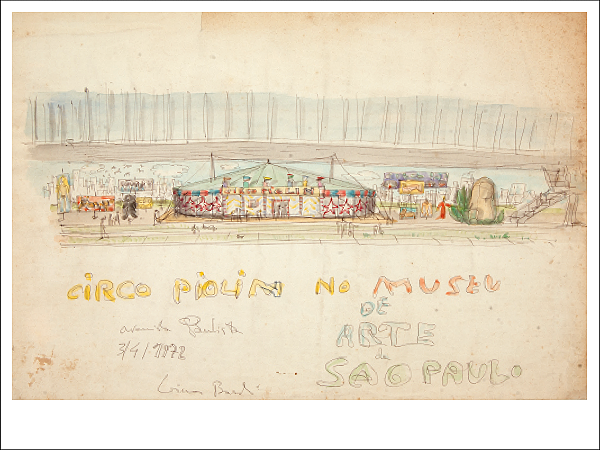 PÔSTER PERSPECTIVA DO BELVEDERE INDICANDO INSTALAÇÃO DO CIRCO PIOLIM - LINA BO BARDI