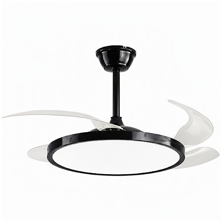 Ventilador de Teto Retrátil Preto 4 Pás Invisíveis Luminária LED 36W Silencioso com Controle Remoto Bivolt