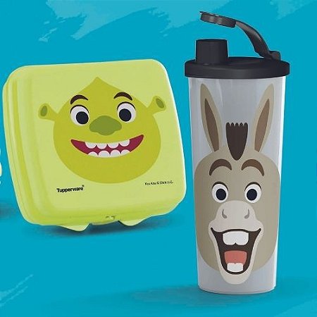 Tupperware Kit Copo Koukou Burro 470ml e Porta Sanduiche Shrek