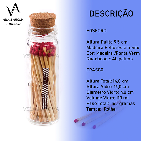 VIDRO FOSFORO VERMELHO EXTRA LONGO 9,5 cm - 40 PALITOS - TP ROLHA