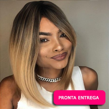 Wig Tifanny - com franja - Loiro mel com raiz escura