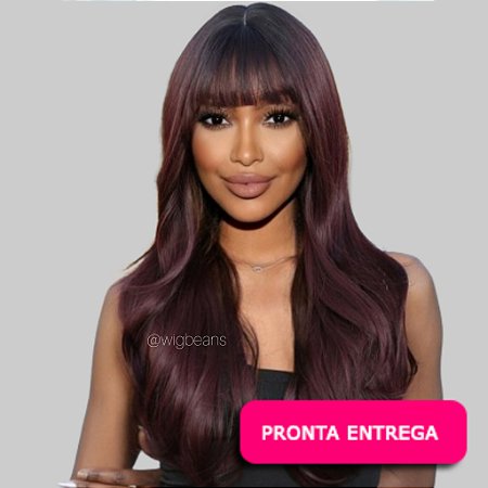 Wig Marla - com franja - cor marsala com raiz escura