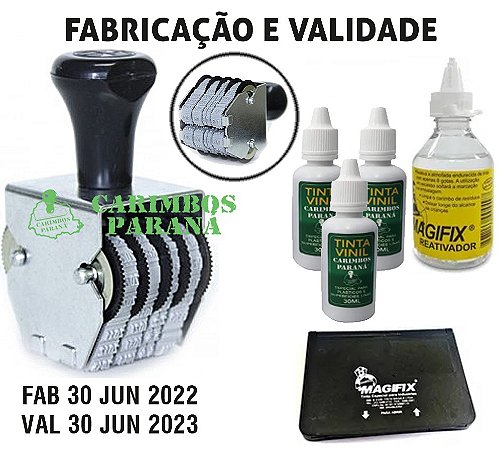 Carimbo Datador Duplo Sobreposto de Validade 4mm + kit Vinil para carimbar em plásticos