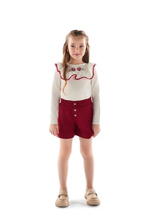 Conjunto Kiki - Blusa Bordada Manga Longa Off-white e Shorts Vermelho