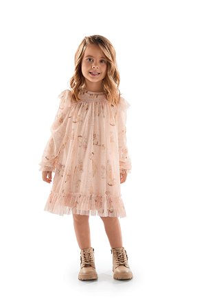 Vestido Infantil Kiki Rosé com Tule Manga Longa para Festa