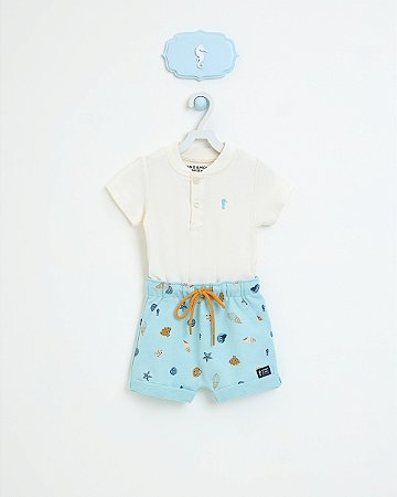 Conjunto Onda Marinha Body Algodão e Shorts Conchas Bebê - P ao G
