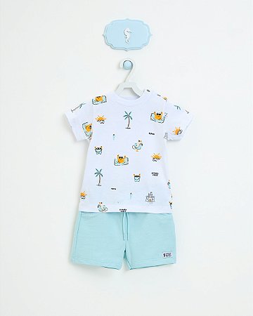 Conjunto Onda Marinha Camiseta Praia e Shorts Algodão Bebê - P ao 3